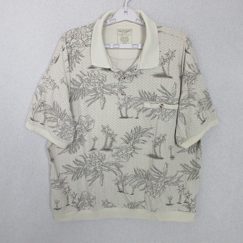 David Taylor Polo Shirt Mens XL Cream Tropical Palm Tree Banded Hem Retro